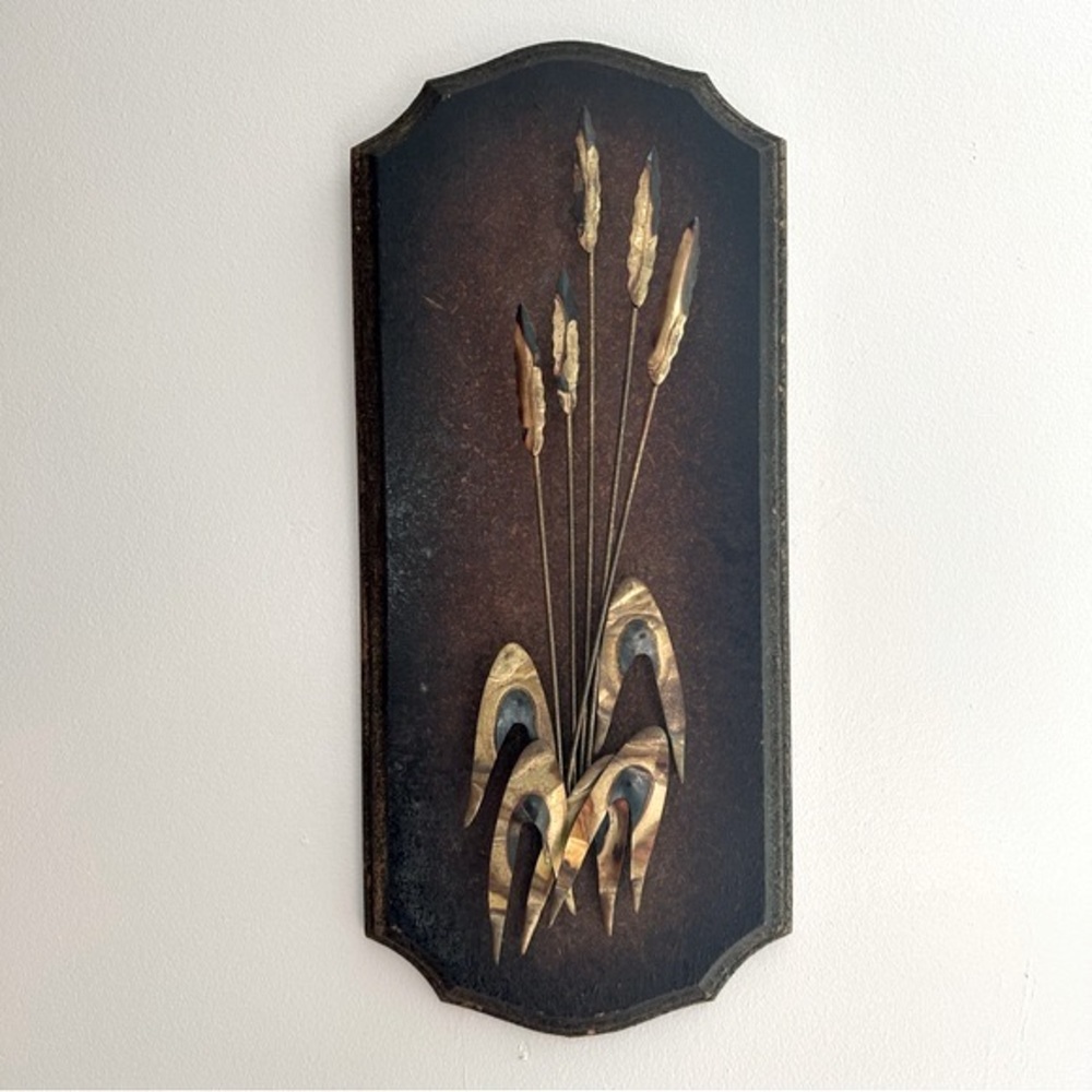 Vintage MCM Wood Plaque with Brass Wheat and Cattails Wall Art
